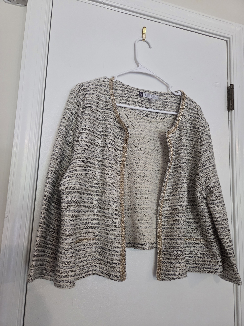 JLO Jennifer Lopez Gold Chain Accent Tweed-Style Open Cardigan Jacket XL